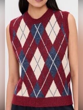 Another Girl Argyle Knit Tank Sweater Vest - Burgundy, Blue, Cream: Small